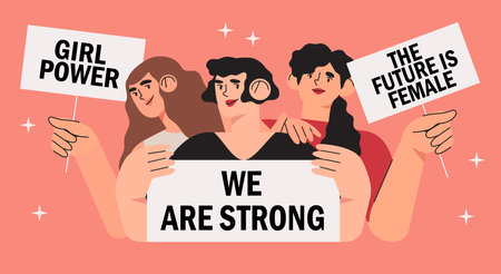 Women protesters standing together and holding placards. Women's friendship, support, union of feminists or sisterhood. The concept of the female's empowerment movement. International women's day.のイラスト素材