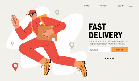 Contactless delivery service for commercial and private interests web banner, landing page. Courier with thermal bag running fast delivering food or fastfood to client. Fast package delivery.のイラスト素材