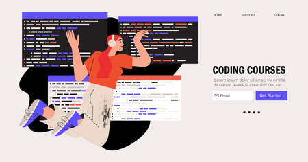 Programmer working on web development on computer. Concept of script coding and programming in python, javascript, PHP, HTML, CSS. Mobile app and computer software developing courses banner.のイラスト素材