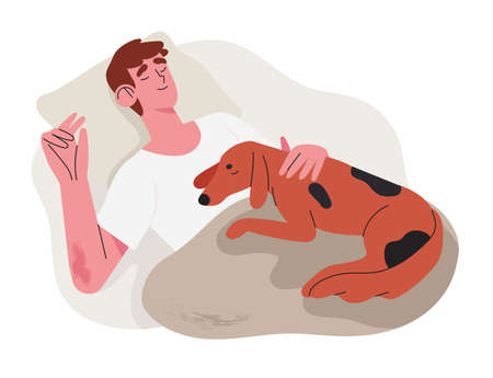 Man sleep comfortably and relaxed in his bad with pet dog puppy late at night. Concept of orthopedic or countour memory foam pillow or duvet shop and other accessories for healthy night sleep.のイラスト素材