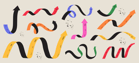 Various colorful playful arrow pointers set or collection in trendy style. Vector illustration of dynamic arrow signs for infographic designs or presentation templates.のイラスト素材