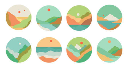 Vector set or collection of abstract creative round backgrounds in minimal trendy scandinavian style.のイラスト素材