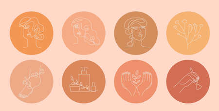 Minimalistic round icon set ordesign templates in minimal linear style. Female one line portrait, flowers and cosmetics for beauty and fashion highlight stories. Make up, manicure or beauty studio.のイラスト素材