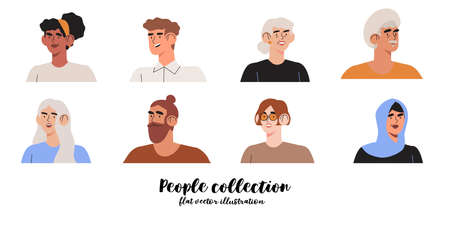 Set of vector drawings of trendy young business people or office worker for social media, ui, web avatars or icons isolated on white background. Diverse character portrait in minimalistic style.のイラスト素材