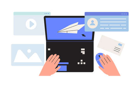 Email marketing banner, ui. Newsletter, news, offers, promotions subscription. Follow us concept in minimalist flat line style. Company website newsletter. Laptop or notebook with notification sign.のイラスト素材