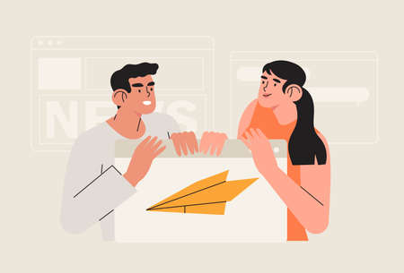 Man and woman hold web banner with paper plane sign and send message. Concept of email marketing, newsletter, news, offers, promotions offers subscription. Follow us on social media concept.のイラスト素材