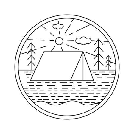 Camping or hiking emblem, print with tent in forest. Landscape in simple line style for branding design, trip or tourism icon. Camp in park, woodland, wilderness, forest near riverside. Ecotourism.のイラスト素材