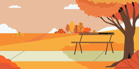 Vector illustration in cartoon flat style. Autumn landscape with hills and trees. Horizontal banner or background with copy space for text. Header image for websites, covers, poster, seasonal sale.のイラスト素材