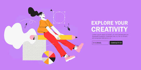 Woman designer flying on pencil. Creative or educational process banner, ad, landing page or poster for web design studio, startup or courses. Generating ideas, imagination, inspiration concept.のイラスト素材
