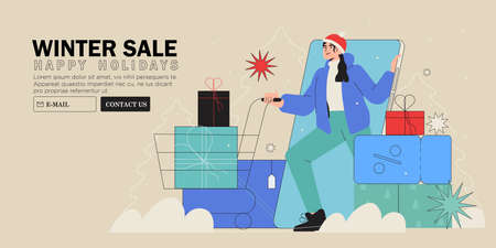 Woman push cart with presents or gift boxes and buy them in online store, on christmas or new year market, sale, fair for relatives, family, children or friends. Winter holidays shopping banner, web.のイラスト素材