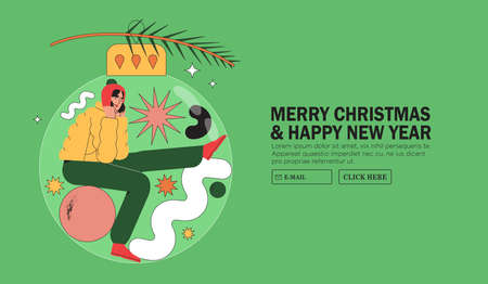 Christmas or new year greeting banner, web site or page, advertisement. Smiling happy woman sit inside big bauble hanged on christmas tree branch. Concept of winter holidays in isolation at home.のイラスト素材