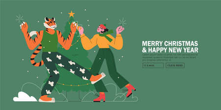 Woman dancing on party with tiger symbol of new 2022 year. Character celebrate christmas or winter holidays together near christmas tree. New year banner, web site or page greeting, poster or card.のイラスト素材