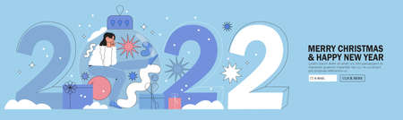 Happy woman or office worker, employee with big numbers 2022 and presents celebrate winter holidays. Businesswoman wish Merry Christmas and happy New Year. Holiday corporate greeting.のイラスト素材