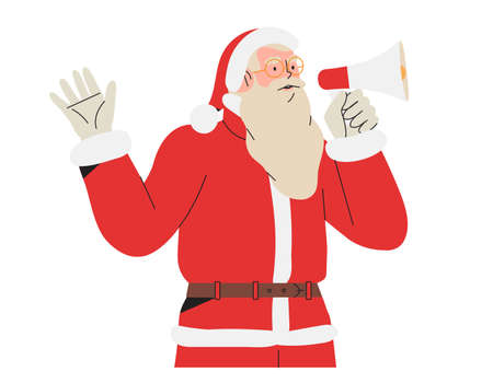 Santa Claus speaking in loud speaker or megaphone wishing happy winter holidays and greeting with Merry Christmas and New year. Santa character for banner, advertisment, website announcement isolated.のイラスト素材