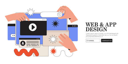 Website design or redesign banner, landing page, advertisement. Designers working on ui ux design or mobile application. Studio or agency prototyping or coding web page or mobile app. Cms development.のイラスト素材