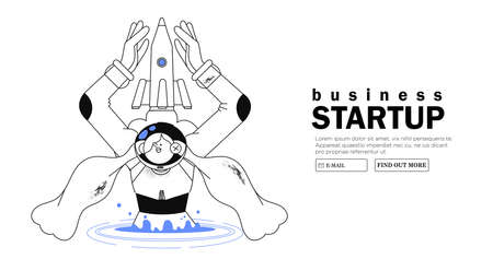 Woman cosmonaut in space suit hold spaceship or shuttle. Female character on space mission in outer space emerging from portal. Creative concept of business startup, exploration banner, web page, ui.のイラスト素材