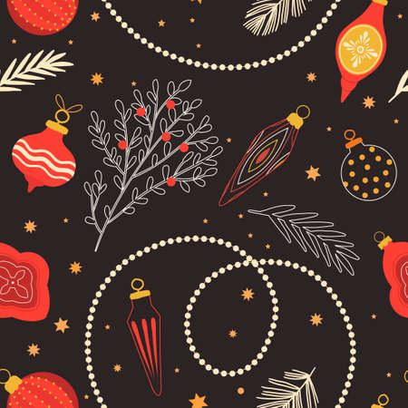 Christmas and New Year seamless pattern with baubles, floral elements and other decorations in flat and outline style for print or social media background, textures, wrapping paper design and fabric.のイラスト素材