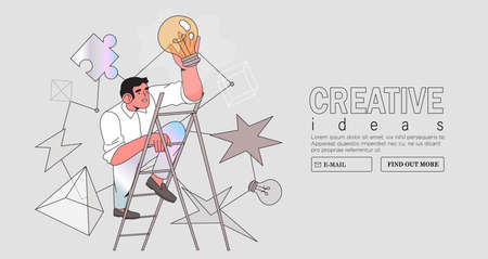 Business vision. Concept career growth. Career, start up, take-off on the career ladder. Vector illustration for web landing page, social media. Businessman steps onto ladder and turn on light bulb.のイラスト素材