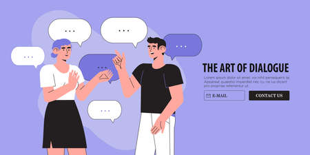 Productive dialogue or conversation between man and woman. Art of business and corporate communication between coworkers, manager and team. People or couple talk or have lively discussion in office.のイラスト素材