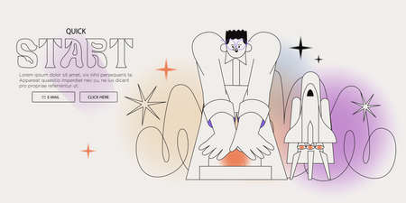 Man press start button and launch space mission. Concept of promotion, seasonal sale discount, innovation, courses into new profession or business. Creative banner with vector character illustration.のイラスト素材