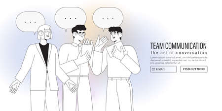 Productive business conversation between men and women. Art of corporate communication between coworkers, manager and team. Set of people talking or having lively discussion in office or meeting.のイラスト素材