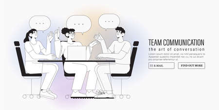 Productive business conversation between men and women. Art of corporate communication between coworkers, manager and team. Set of people talking or having lively discussion in office or meeting.のイラスト素材