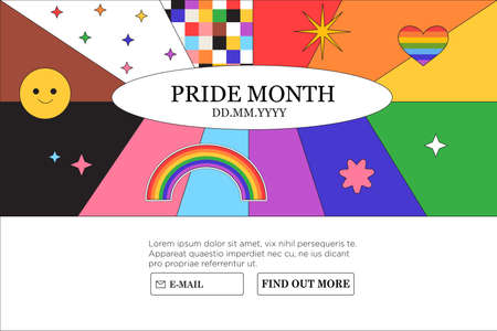 Lgbt rights or social issues event celebration creative banner, poster, placard, social media advertisement, invitation, greeting or web landing page in trendy 90s style with rainbow and heart.のイラスト素材