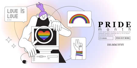 Person see lgbtq pride month announcement on computer screen and is exited. Lgbt rights or social...