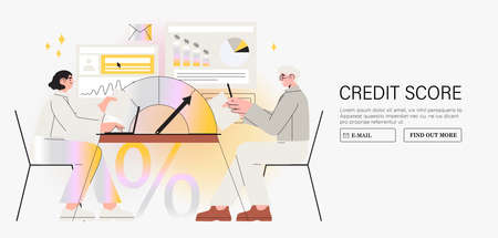 bank office scene. Professional banking service, finance manager and clients. Credit, deposit consult management. Consultant or bank manager discuss credit score, terms and conditions for loans.のイラスト素材