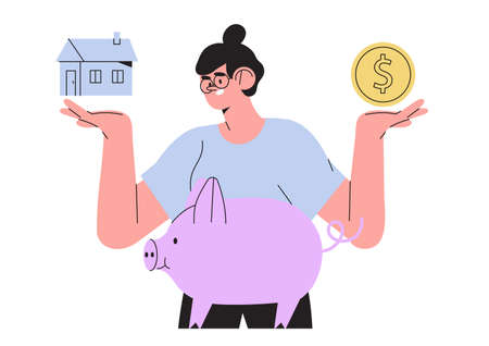 Character buy house, rent apartment or invest money in real estate property.Woman calculating mortgage rates. Concept of loan mortgage, real estate, home for sale, savings. vector illustration.のイラスト素材