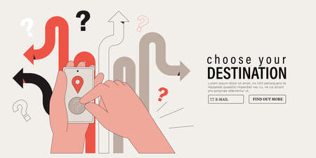 Business decision making, career path, work direction or choose the right way to success concept. Hands touch smartphone screen question sign and choose path. Difficult choice or finding the right way.のイラスト素材