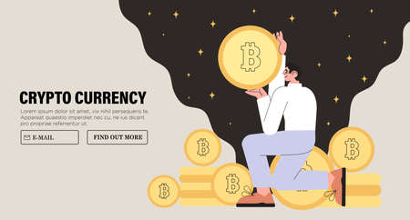 Businessman buy or sell bitcoin online. Vector illustration of man character purchase or exchange cryptocurrency. Blockchain technology, bitcoin, altcoins mining and digital money market web banner.のイラスト素材