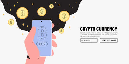 Buy Bitcoin online. Vector illustration of hands hold smartphone and purchase cryptocurrency in mobile application. Web banner of blockchain technology, bitcoin, altcoins mining, digital money market.のイラスト素材