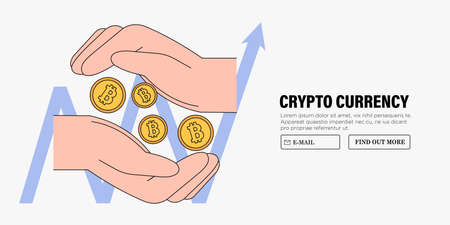 Buy Bitcoin online. Vector illustration of hands buying cryptocurrency. Web banner of blockchain technology, bitcoin, altcoins mining. Digital money market analysis, graph data statistics.のイラスト素材