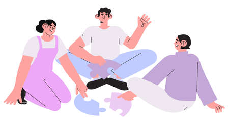 Vector illustration of coworkers doing round jigsaw puzzle isolated on a white background. Teamwork, coworking and business partnership concept.のイラスト素材