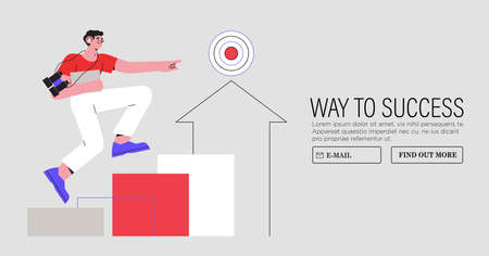 Businessman walking success ladder or steps banner, web page. High potential and company development, growth. Concept of business success, leadership, innovation. Characters follow growing arrow.のイラスト素材