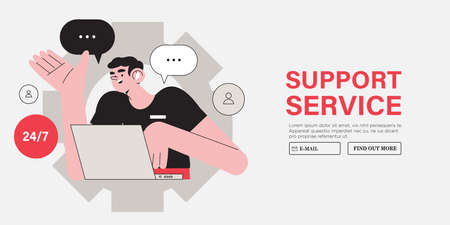 Male character specialist from customer service or technical support working on laptop in office. Concept of online support or assistance, call center or e-commerce banner, landing page design.のイラスト素材
