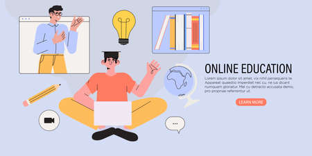 Student learning online at home. character sitting and looking at laptop. Studying character with exercise books and tutor or professor talking through conference or video call. online education.のイラスト素材