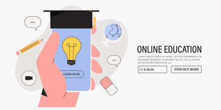 Education on website or mobile application with online training. Concept for web, graphic design, landing page template. Hand hold smartphone with subscription to new course, class or lesson.のイラスト素材