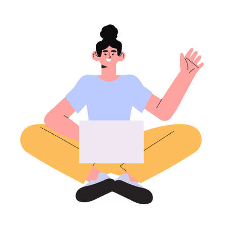 Woman with laptop sitting and waving hand saying hello and welcome. Concept illustration for working, freelancing, studying, education or work from home. Vector illustration in flat cartoon style.のイラスト素材