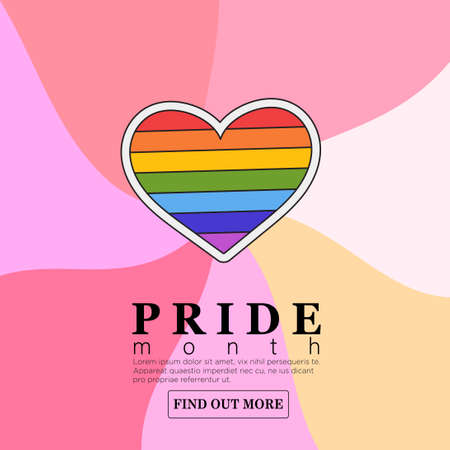 Rainbow colored heart with outline on pink background. Creative lgbtq or pride month web or advertisement banner, landing page, greeting post card or poster. Funny cute pink sticker in 90s style.のイラスト素材