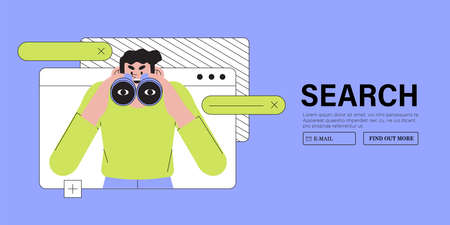 Curious man looking through binoculars. Business metaphor for search or research, development, web surfing and looking for new business or career opportunities. Trendy vector character illustration.のイラスト素材
