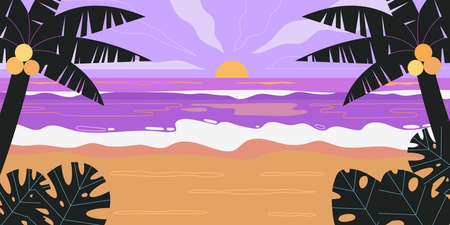 Vector illustration of a beach and a sea coast landscape at a sunset with a beautiful evening sky....