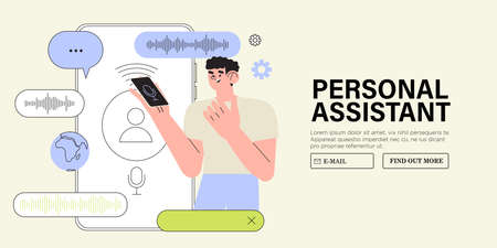 Support service concept. Man use voice assistant application to talk to customer support or personal business assistant or manager help in business. Phone call from client to manager or voice message.のイラスト素材