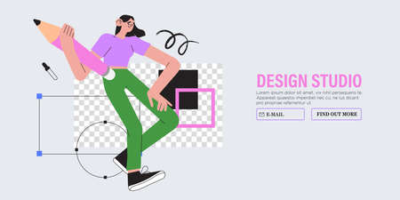 Woman is working on ui ux design project. Designer drawing sketch in vector program with big pencil. Character illustration for design online classes or seminar banner, ads, landing page, application.のイラスト素材