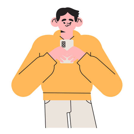 people hold smartphone. Male character looking at his phone. Man use mobile phone apps for chatting,...