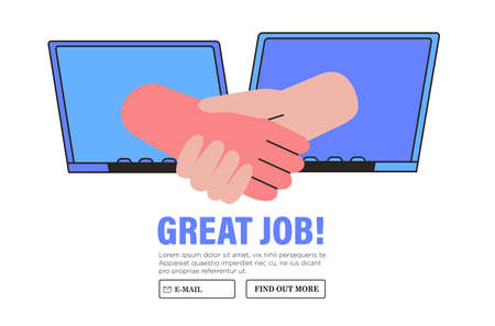 Character congratulations colleague online on laptop screen. People celebrate career development, successful project or deal. Man and woman employee shaking hands. business partnership concept.のイラスト素材