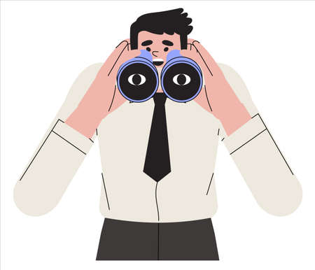 Curious woman worker or employee looking through binoculars. Business metaphor for search or research, development, web surfing. Trendy outline vector characters for web or ui design.のイラスト素材