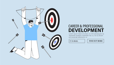 Business or career goals achievement or development concept. Business people hitting target with arrow. Aim mission or challenge complete. task solution. cartoon flat vector illustration.のイラスト素材
