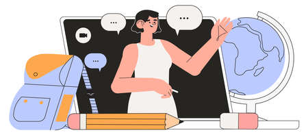 professor on laptop screen. female teacher in the classroom. Online learning, advanced tranining teaching methodology concept. School teacher video conference call with pupils. Lecturer distant teaching.のイラスト素材